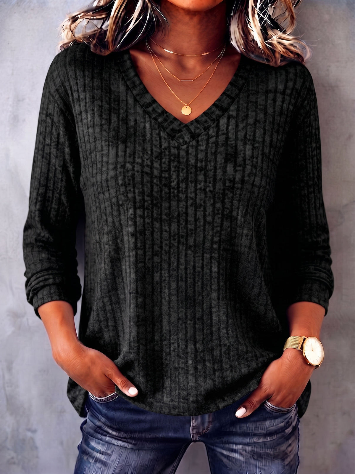 Casual Cozy V-neck Ribbed Knit Top