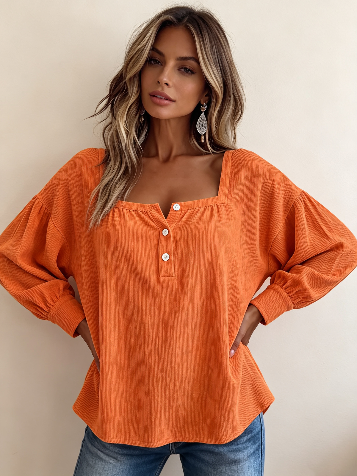 Cozy Chic Textured Orange Corduroy Square-neck Blouse