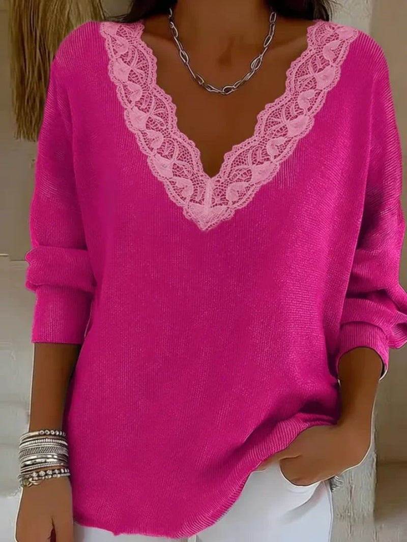 Lace Trim V-Neck Ribbed Knit Long Sleeve Top
