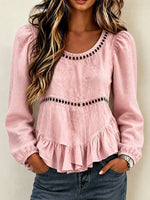 Romantic Linen-Blend Peplum Blouse – Cut-Out Trim & Ruffled Hem
