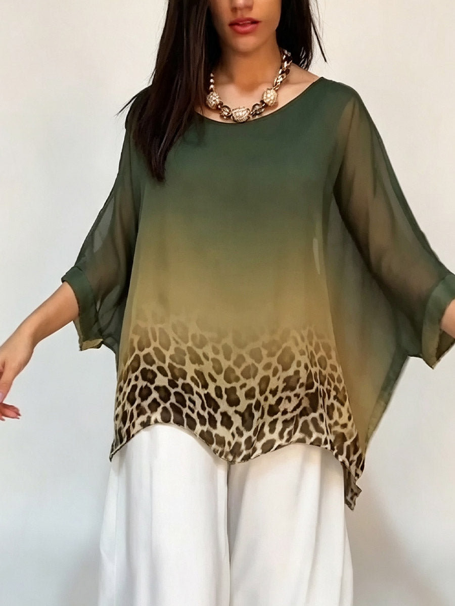 Women's Gradient Printed Crew Neck 3/4 Batwing Sleeve Casual Loose Chiffon Top
