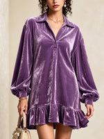 Velvet Loose-fit Mini Dress Featuring A Lapel Collar, Partial Button Placket, Lantern Sleeves, And A Ruffled Hem