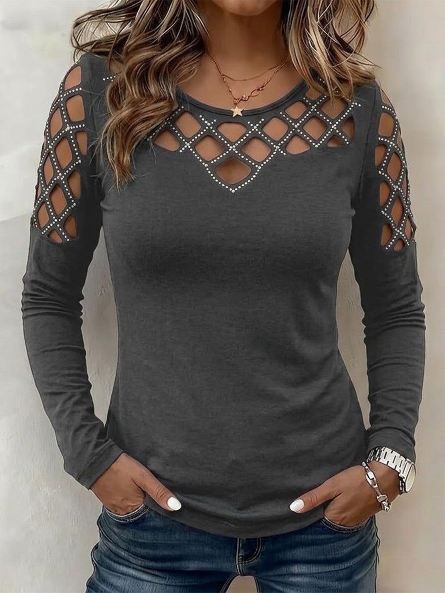 Round Neck Chest Diamond Rhinestone Cutout Long Sleeve Top