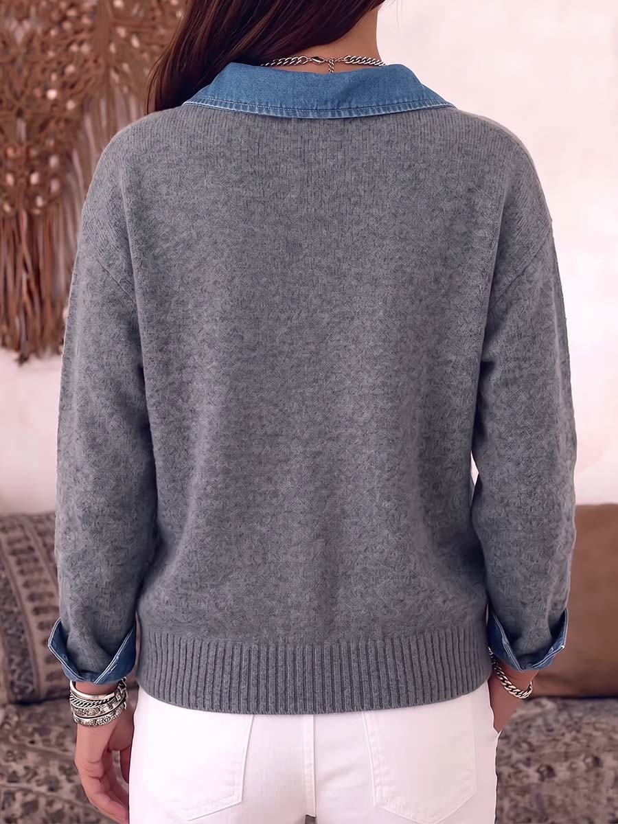 Women's Pullover Collar Long-sleeved Casual Loose Denim Patchwork Knit Top