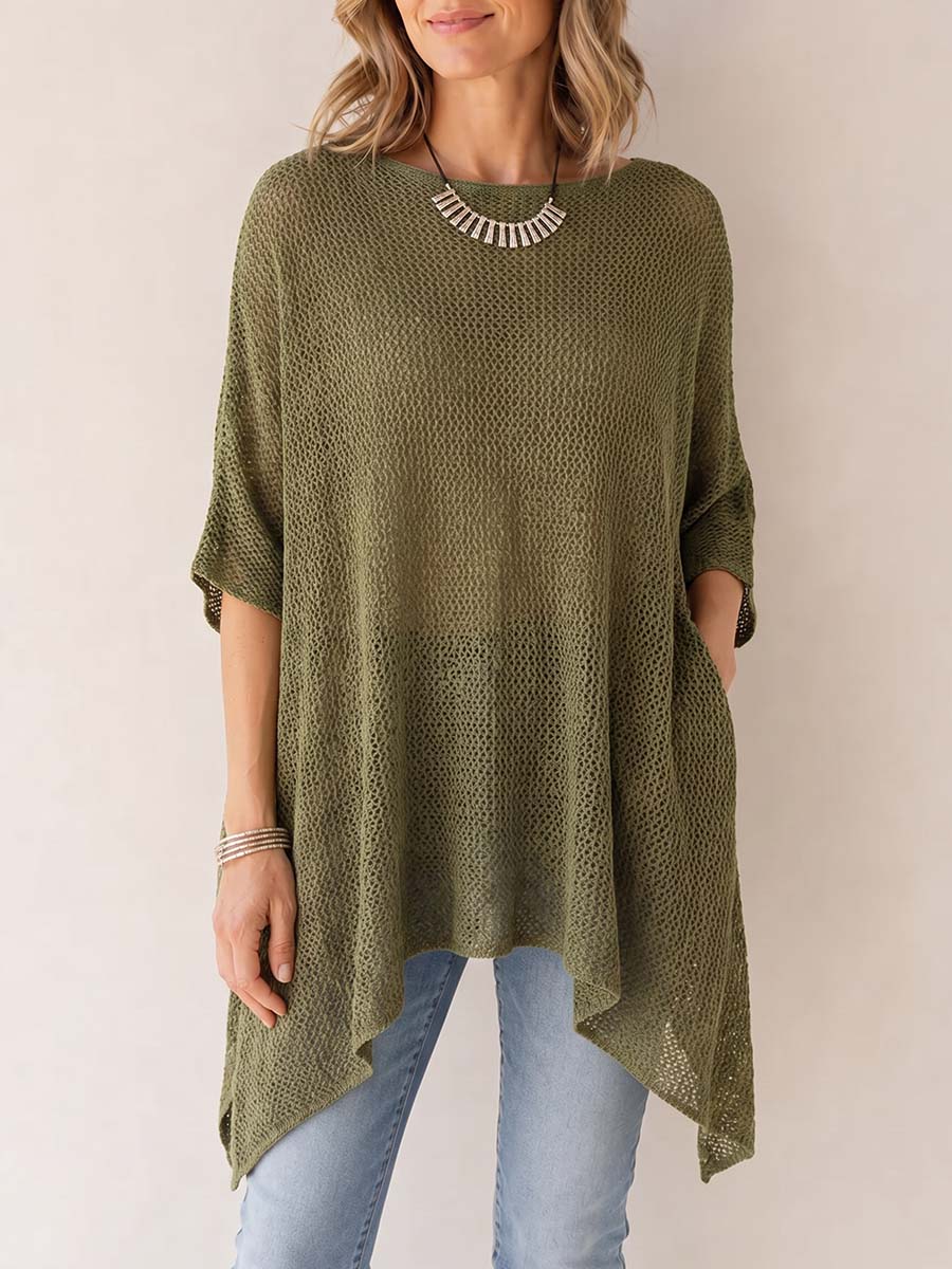 Women's Solid Color Round Neck 3/4 Sleeve Casual Loose Knitted Hollow-out Mesh Top