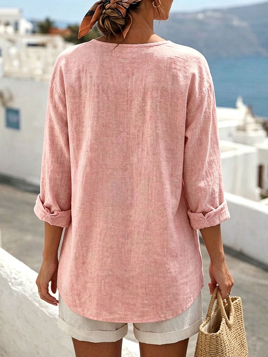 Women's Solid Color Round Neck Long-sleeved Casual Loose Pleated Cotton And Linen Top