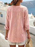 Women's Solid Color Round Neck Long-sleeved Casual Loose Pleated Cotton And Linen Top