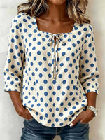Women's Polka Dot Print Square Neck 3/4 Sleeve Casual Loose Cotton Linen Top