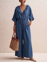 Women's V-neck 3/4 Sleeve Casual Loose Denim Wide-leg Jumpsuit