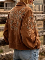 Boho Western Floral Print Corduroy Zip-up Jacket