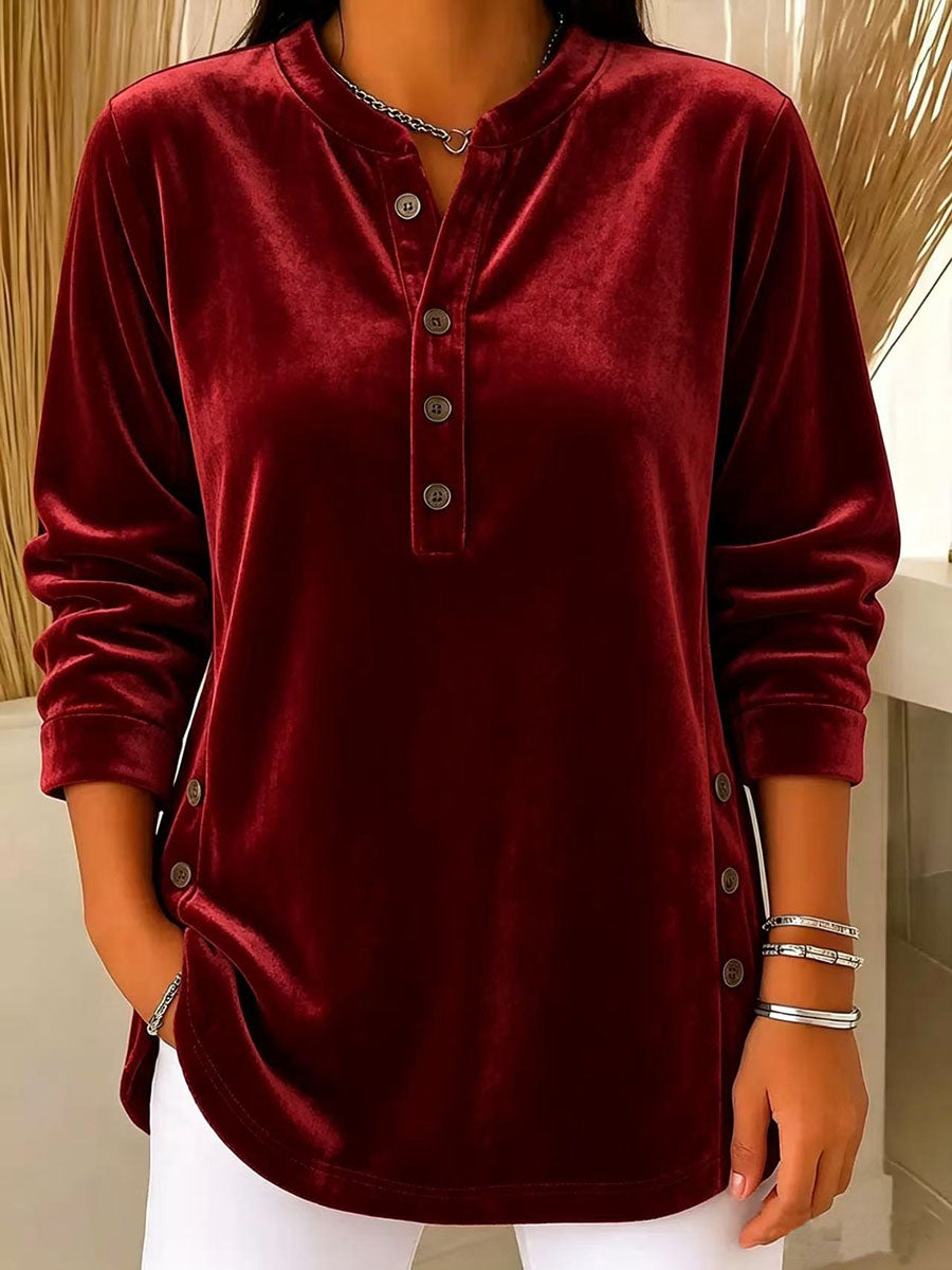 Women's Solid Color Henley Collar Long-sleeved Casual Loose Velvet Top