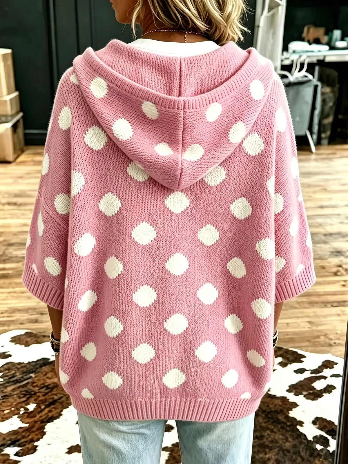 Casual Hooded Polka-dot Knit Pullover
