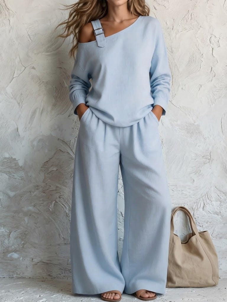 One Shoulder Strap Long Sleeve Top & High Waist Wide Leg Pants Linen Blend Two Piece Set