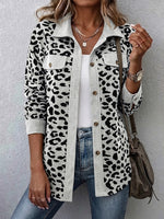 Contrast Rib Collar Leopard Print Corduroy Long Sleeve Shirt Jacket