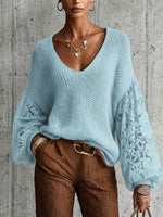 Lace Cut-out Lantern Sleeve V-neck Knit Pullover