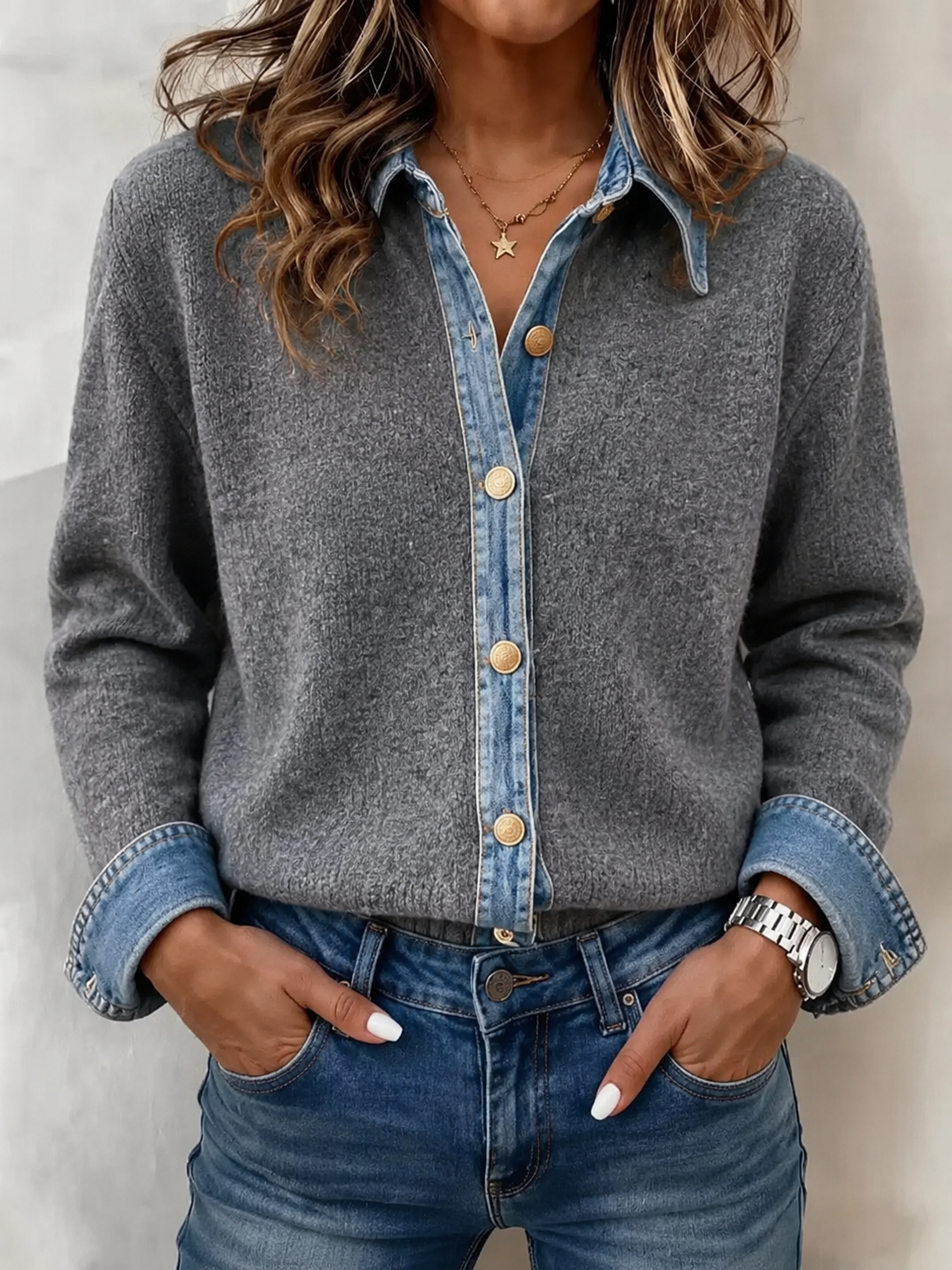 Casual Color-block Denim And Knit Cardigan