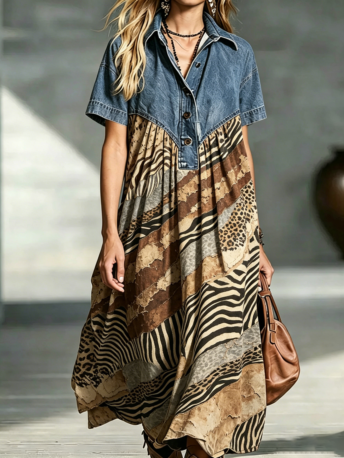 Loose, Mid-length Dress With A Denim Collar And Retro Animal Print Paneling