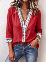 Women's V-neck 3/4 Sleeve Lace-trimmed Casual Loose Cotton And Linen Top