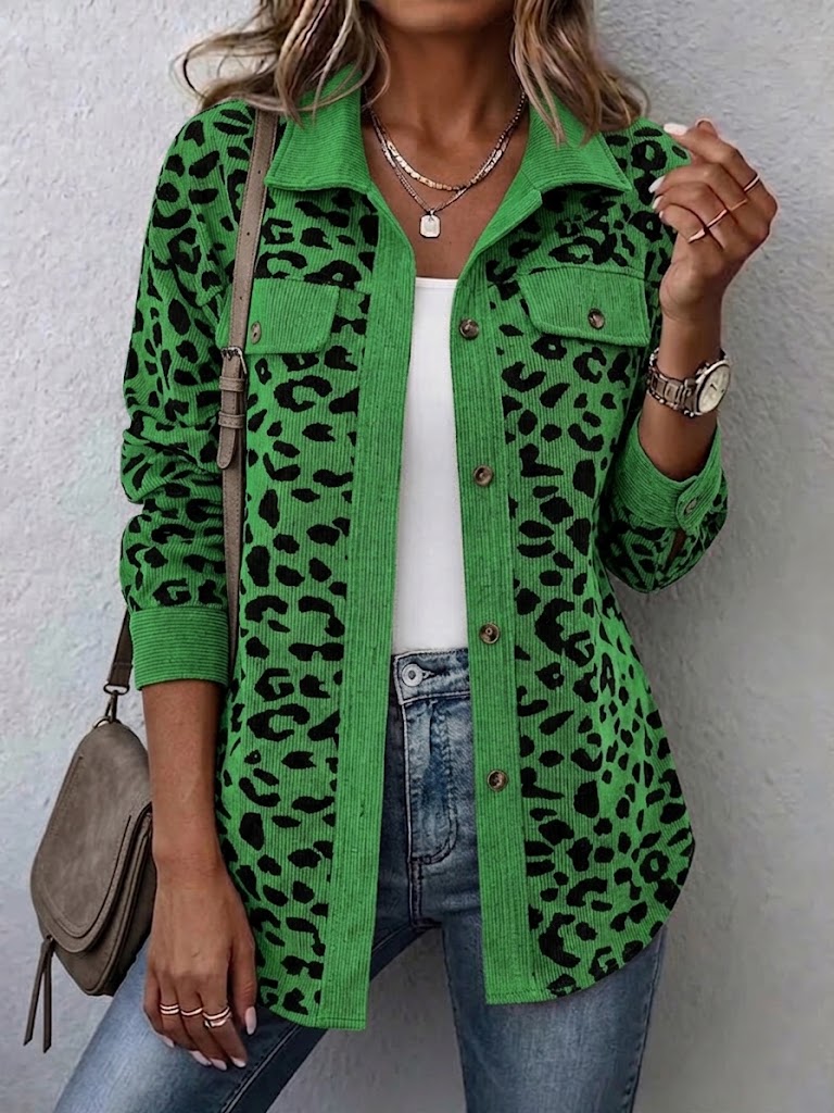 Contrast Rib Collar Leopard Print Corduroy Long Sleeve Shirt Jacket