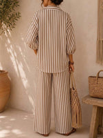 Women's Striped Print Cotton-linen Set: Loose-fit Top With Lapel & 3/4 Sleeves, And High-waisted Wide-leg Pants
