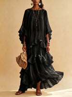 Round-neck, Batwing-sleeve, Tiered-ruffle, Sheer-textured Maxi Dress For Vacation