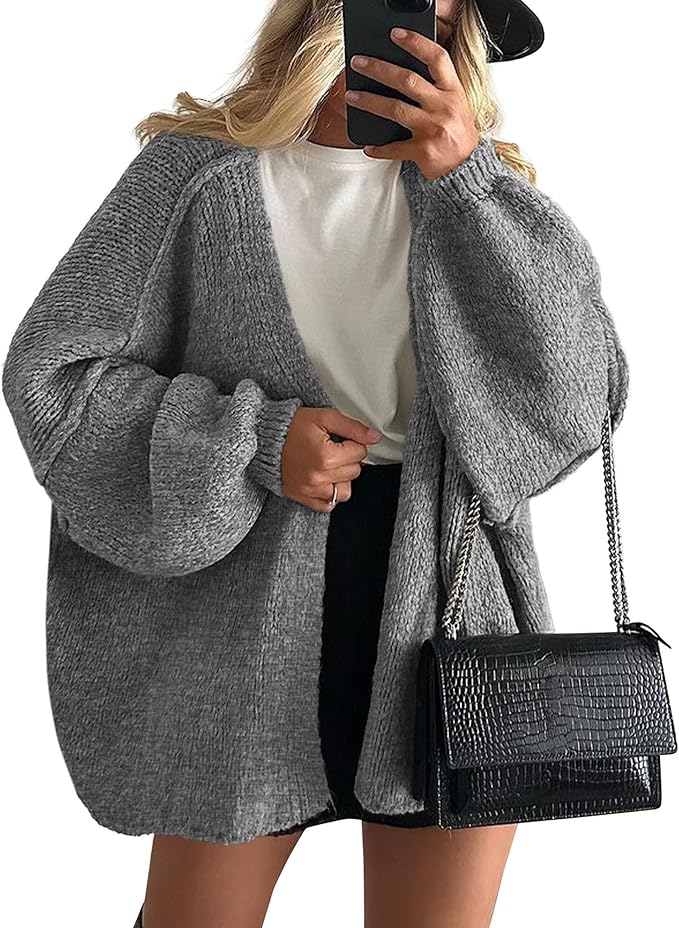 Long Lantern Sleeve Knit Open Front Lightweight Sweater