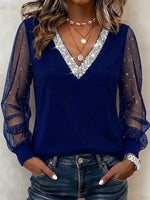 Sequin V-neck Mesh Long-sleeve Casual Top