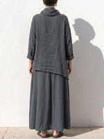 Women's Solid Color Turtleneck Long Sleeve Casual Loose Cotton Linen Top And High Waist A-linen Skirt Set