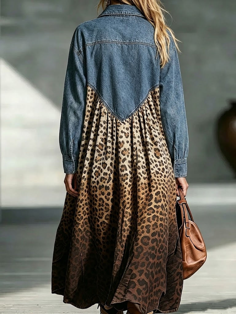 Vintage Denim Patchwork Leopard Print Maxi Dress