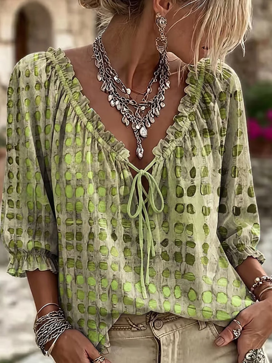 Comfortable Retro-style Polka-dot Print Cotton-blend Top With Ruffled V-neck