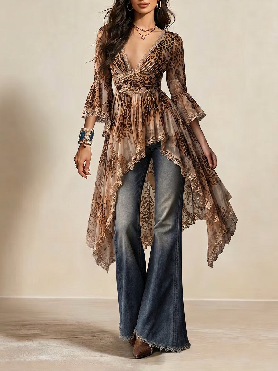 Boho-style Vintage Chiffon Top With Leopard Print Panels And Lace Trim.