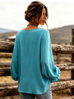 Elegant Boat Collar Ruffle Cuffs Turquoise Blouse