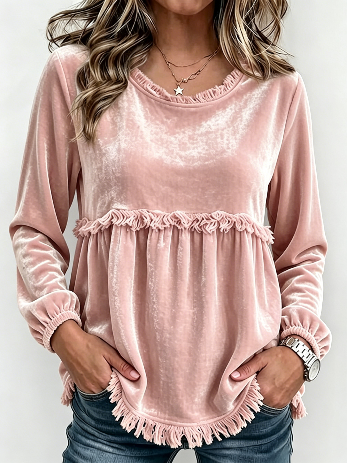 Round Neck Fringe Trim Spliced Velvet Lantern Long Sleeve Babydoll Top