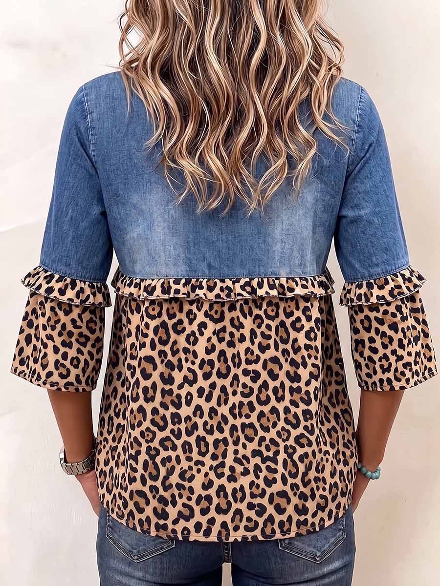 Women's Round Neck 3/4 Sleeve Casual Loose Denim Patchwork Leopard Print Pullover Top