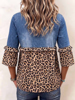 Women's Round Neck 3/4 Sleeve Casual Loose Denim Patchwork Leopard Print Pullover Top