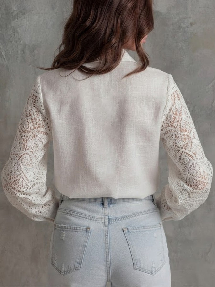 Long-sleeve Collared Work Shirt With Lace-spliced cutout Detailing