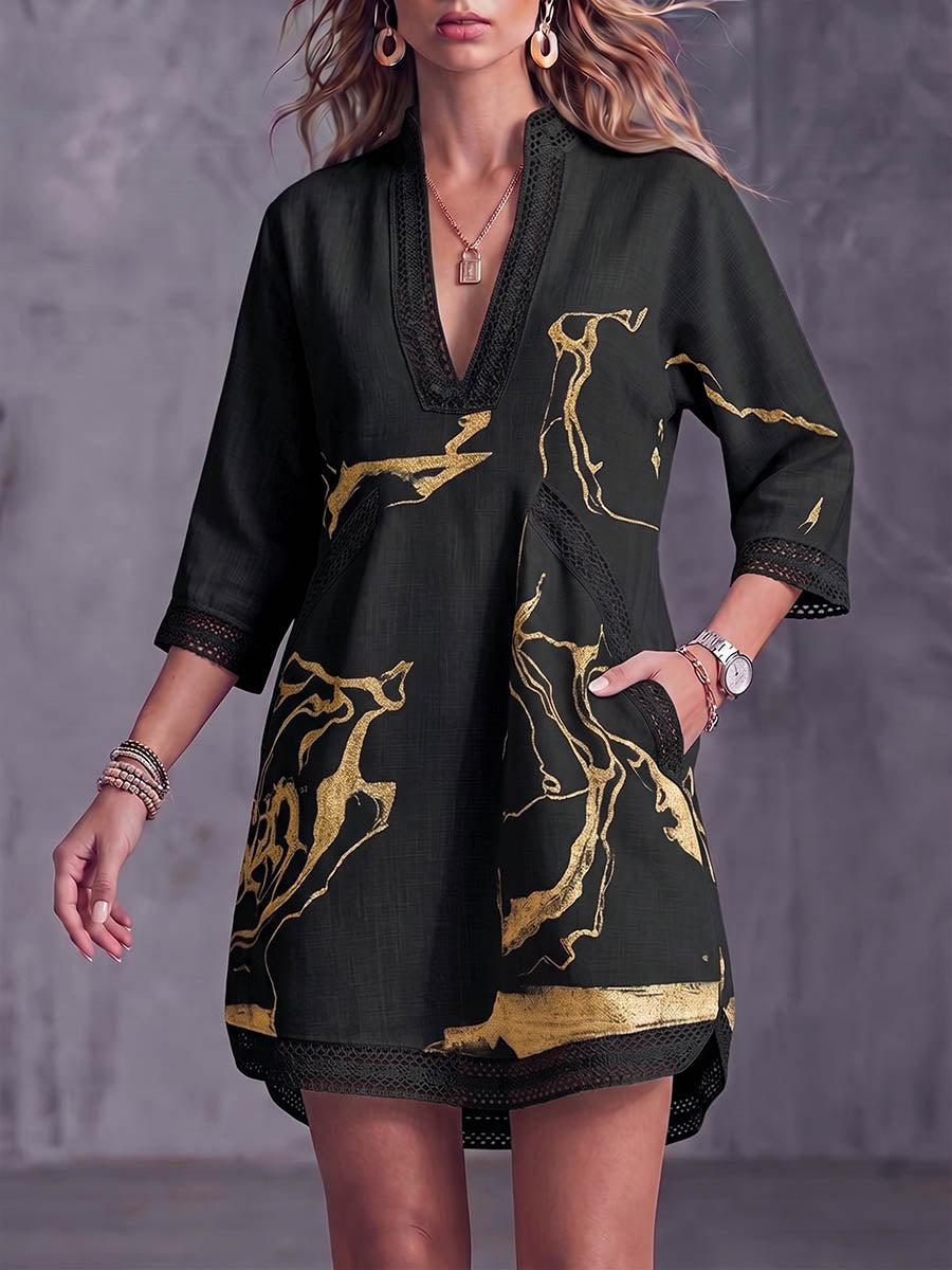 Women's Abstract Print V-neck 3/4 Sleeve Casual Loose Cotton Linen Dress