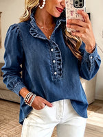 Romantic Ruffled Trim Washed Denim Blouse