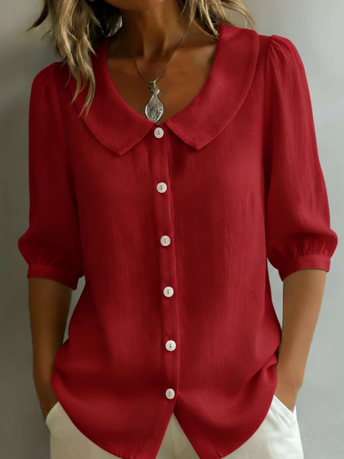 Retro Peter Pan Collar Button-up Cotton Shirt