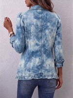 Boho-style Blue Gradient Vintage Botanical Print Ruffle-detail Jacket