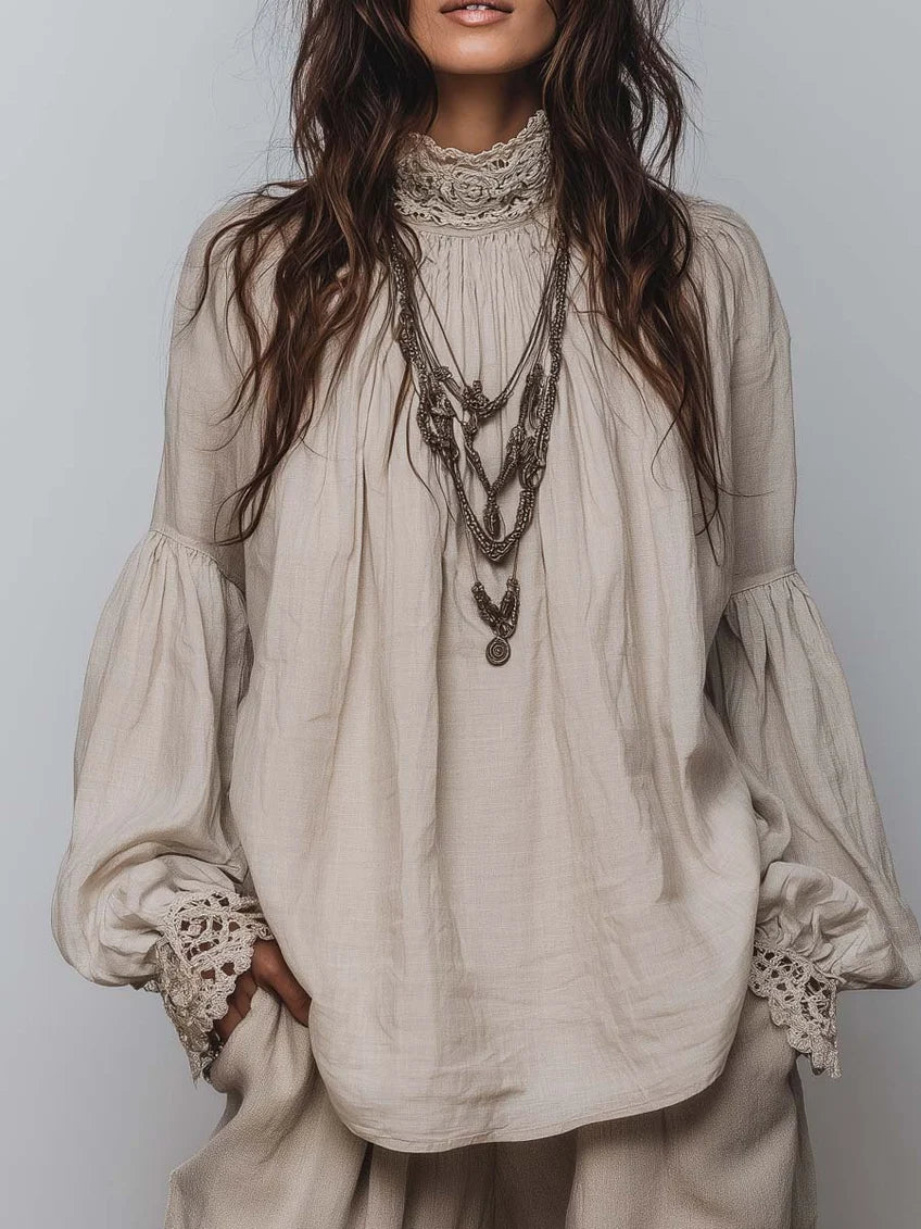 Bohemian Patchwork-style Lace, Linen, And Cotton Shirt