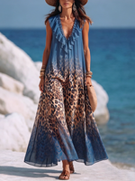 Vacation Party Sexy Leopard Print V-Neck Ruffled Blue Dress