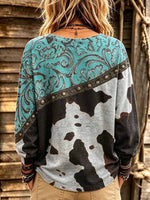 Women's Retro Abstract Position Print Crew Neck Long Sleeve Casual Loose Cotton Top