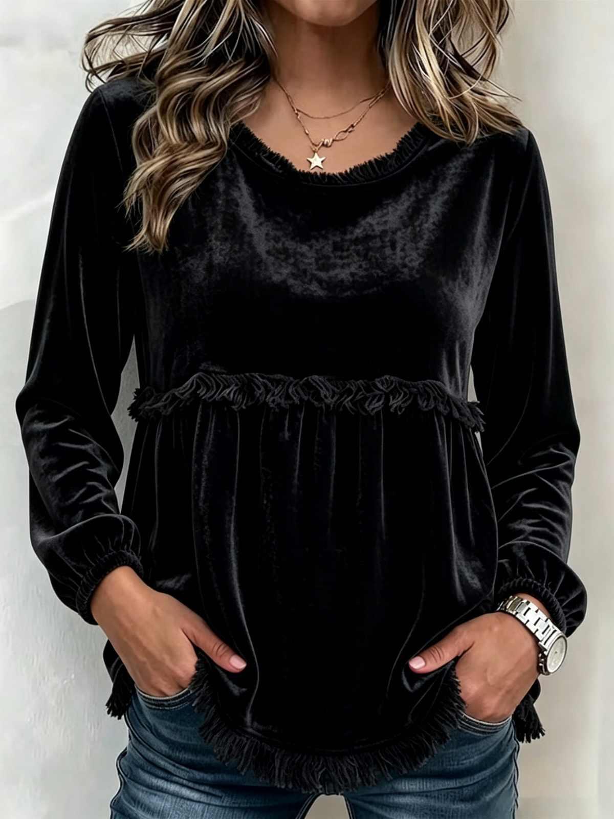 Round Neck Fringe Trim Spliced Velvet Lantern Long Sleeve Babydoll Top