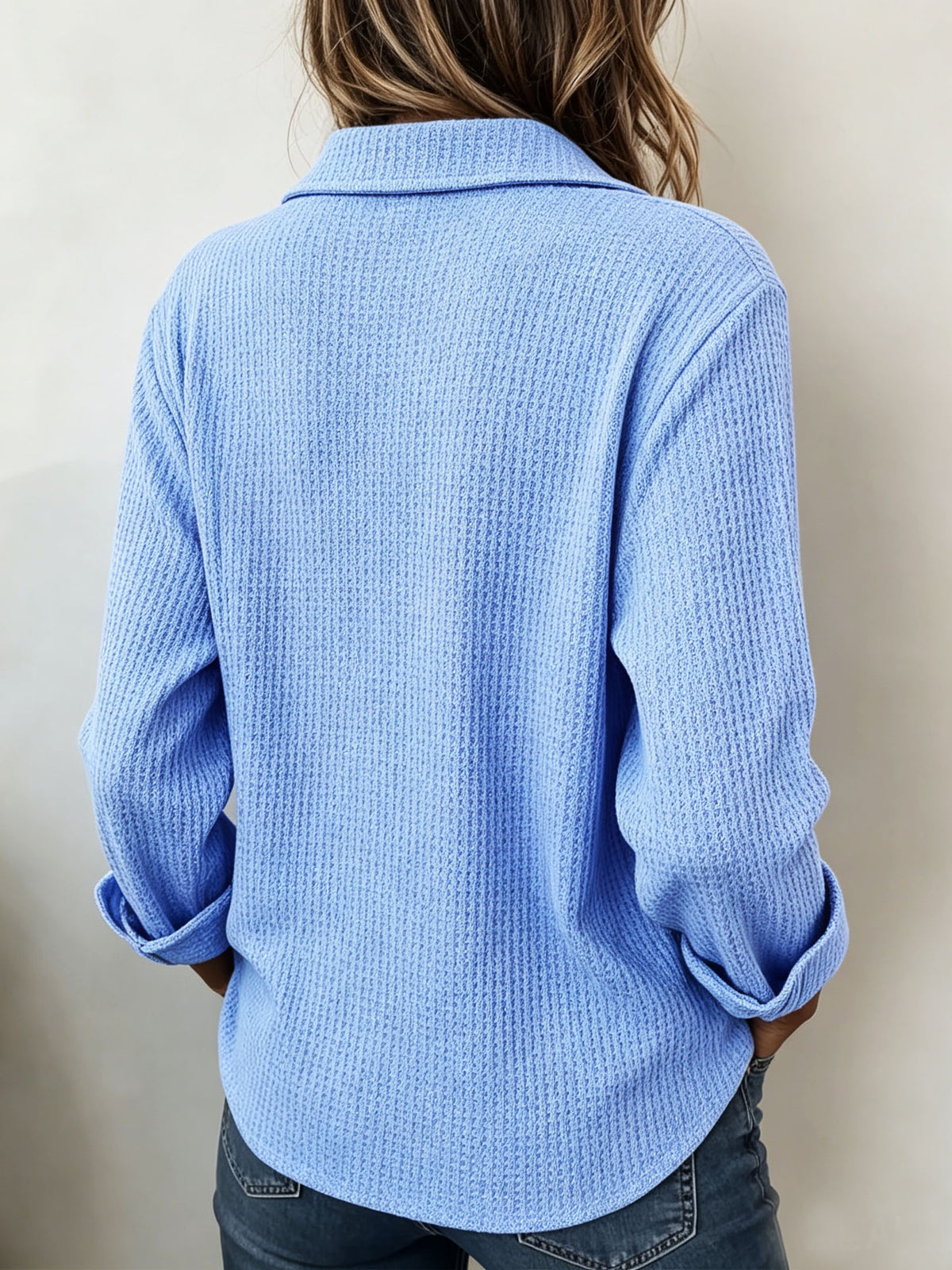 Cozy Casual Lapel Collar Waffle Knit Pullover