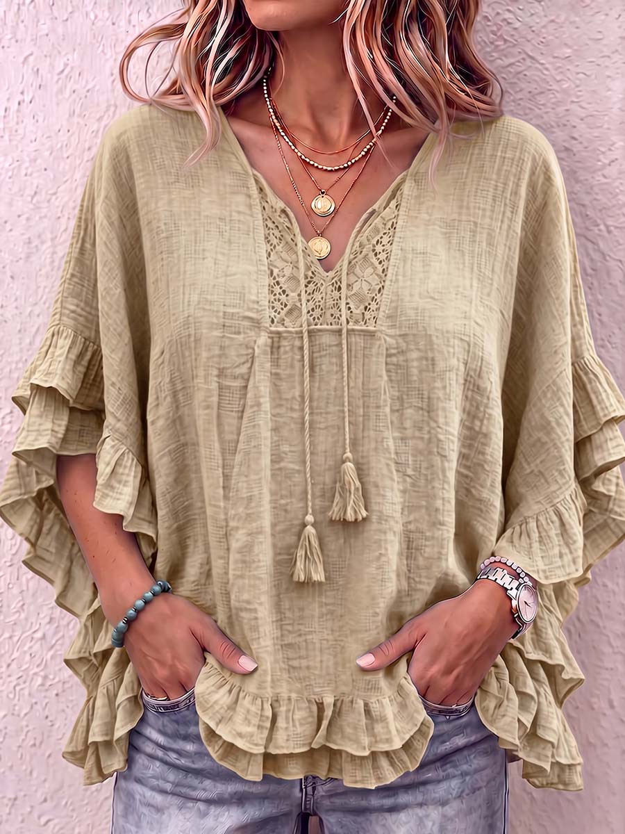 Women's V-neck Tie-waist 3/4 Sleeve Casual Loose Cotton Linen Top