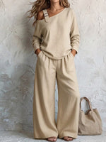 One Shoulder Strap Long Sleeve Top & High Waist Wide Leg Pants Linen Blend Two Piece Set