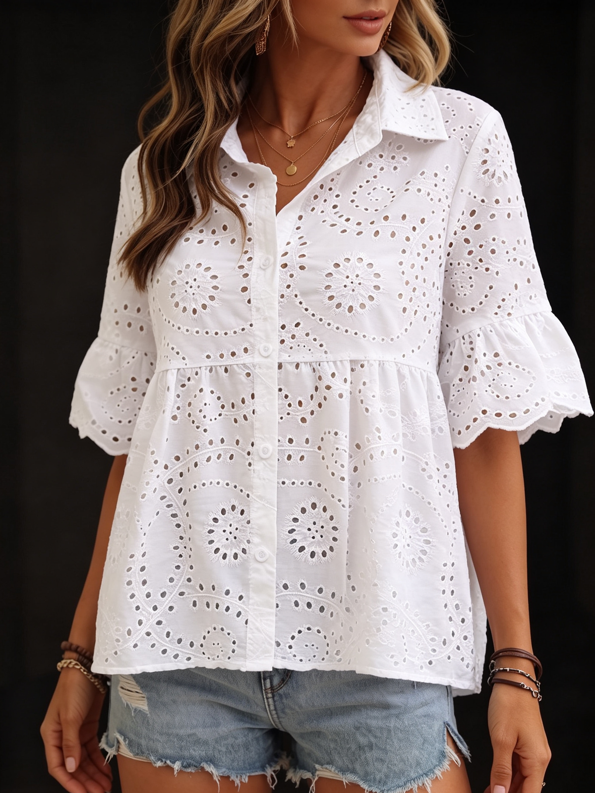 Romantic Breezy White Eyelet Button-up Blouse