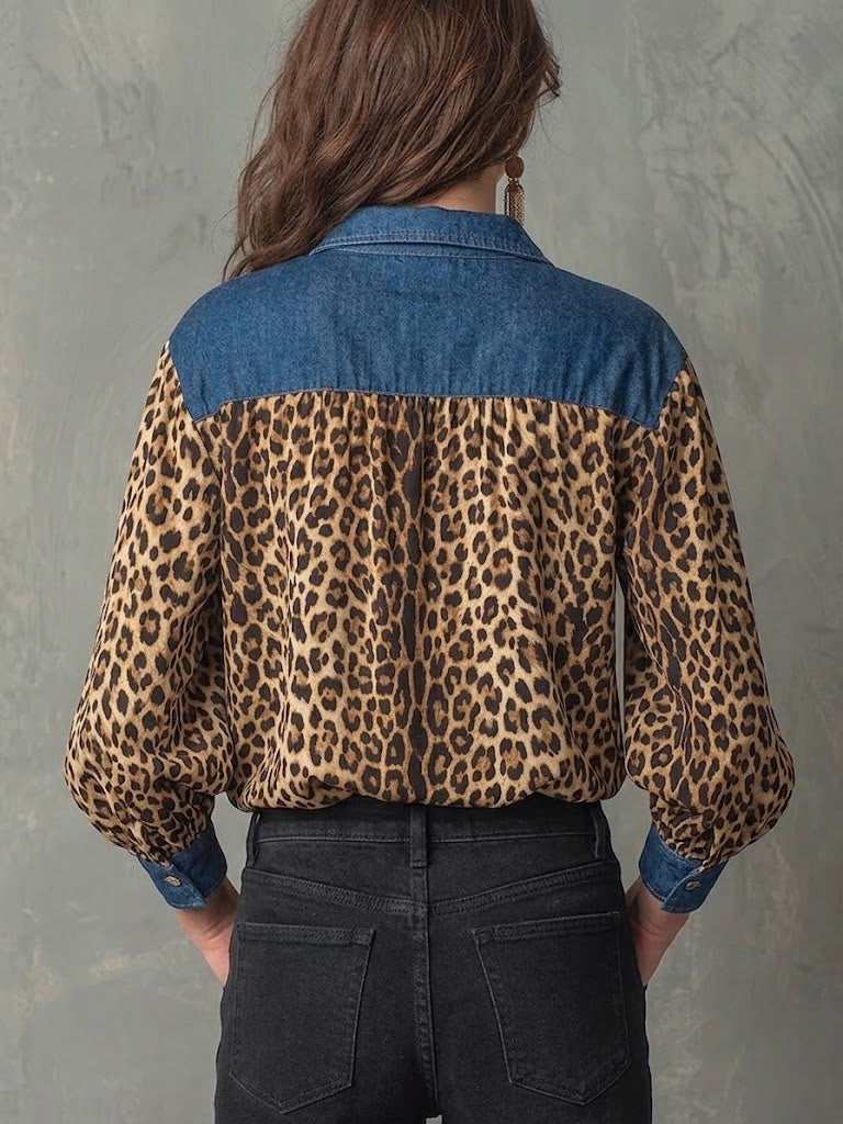 Stylish Casual Denim and Leopard Print Half-Zip Top