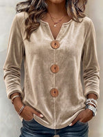 V-neck Button-front Long-sleeve Velvet Top